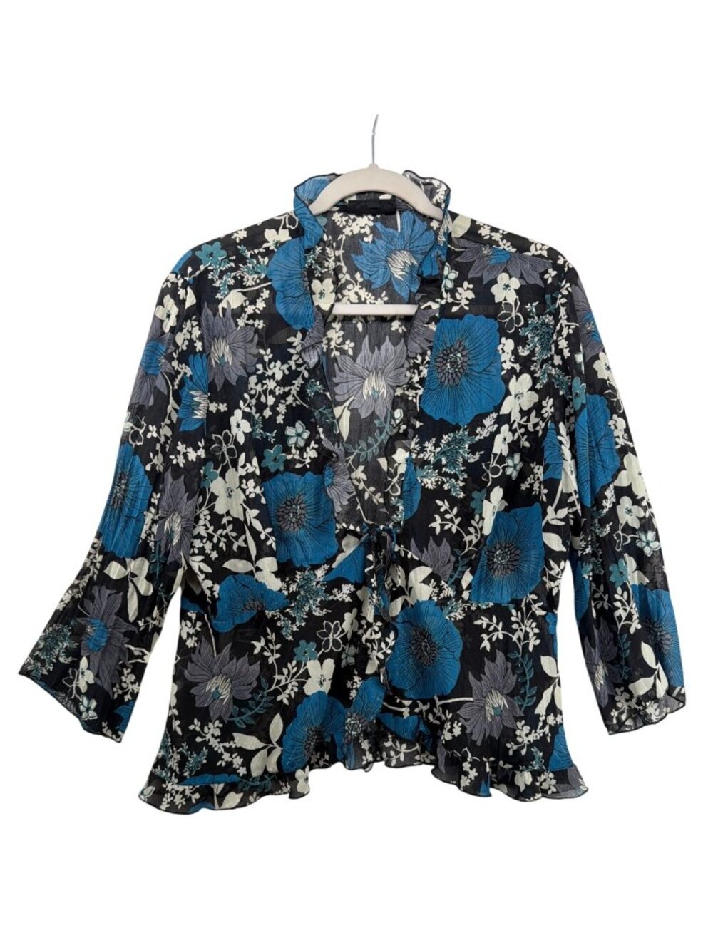 Clothing Co. by Notations Womens Blouse Sz L Black/Blue Floral Sheer Tie Front